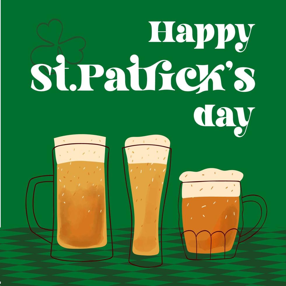 Happy St.Patrick s day text with illustration stylized mugs of beer on green background vector