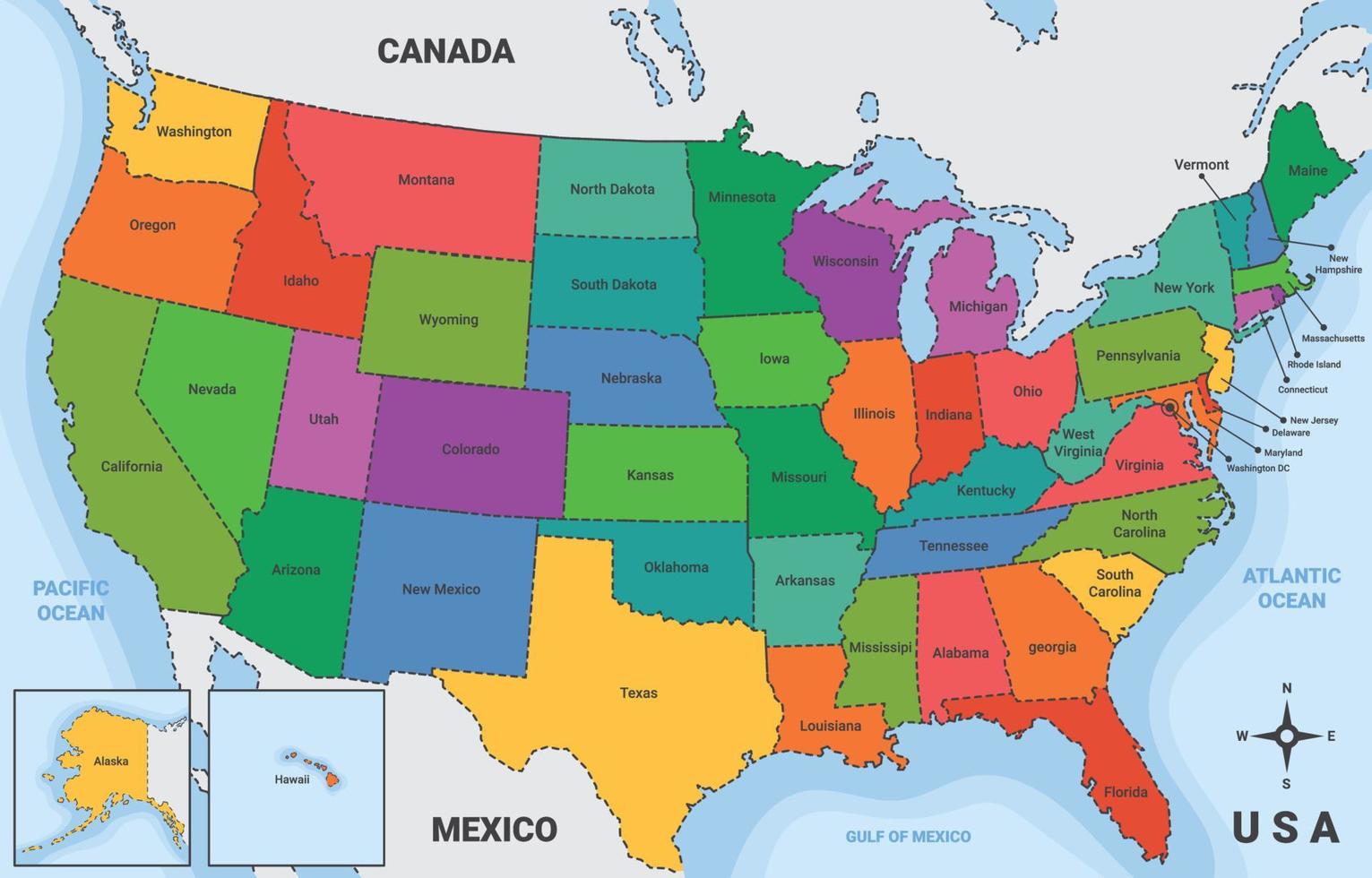 unido estado de America país mapa con rodeando fronteras vector