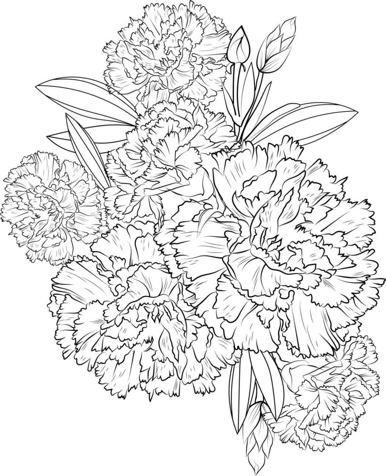 Carnation flowers illustration coloring page, simplicity, Embellishment, monochrome, vector art, Outline print with blossoms gillyflower, bouquet leaves, and buds isolated on a white background.