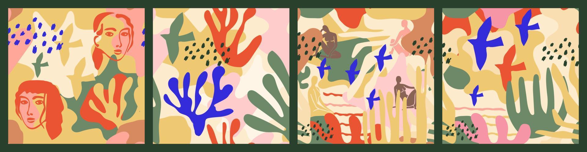 Matisse-inspired abstract seamless vector pattern with hand-drawn abstract shapes of flowers, people, birds. Perfect for fashion design, wrapping, wallpaper and more