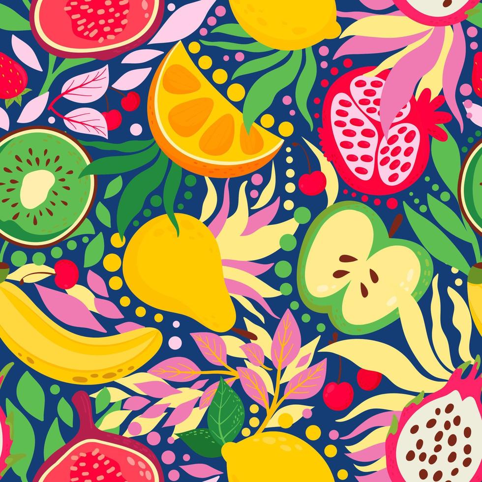 Bright, summery fruit mix. Seamless pattern. Modern exotic design for wrapping, wallpaper, fabric, decoration print, interior decor and more vector