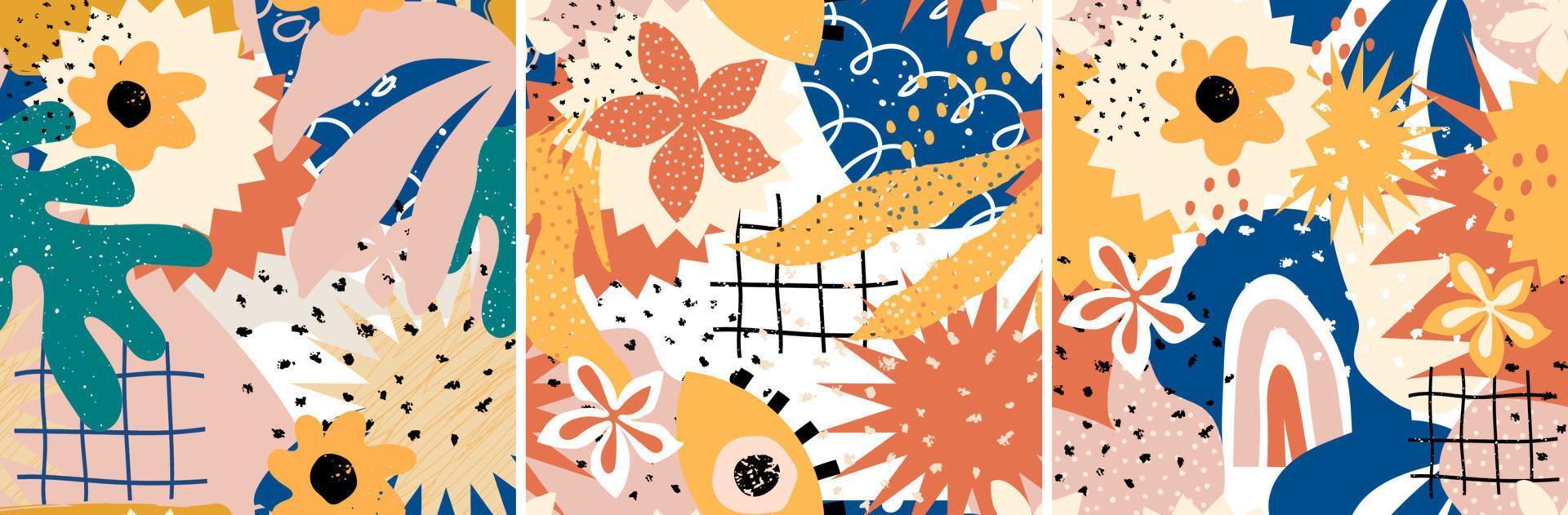 Collection of fashionable abstract seamless patterns with natural colorful shapes, spots, flowers and rainbow. Modern exotic design for paper, fabric, interior decor and more vector