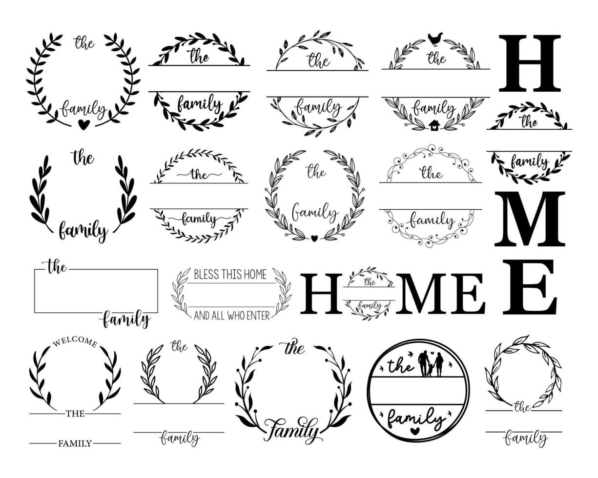 Hand lettering Family name monogram split set monogram the family welcome home sign wedding floral ornament wreath border frame greeting card invitation vector