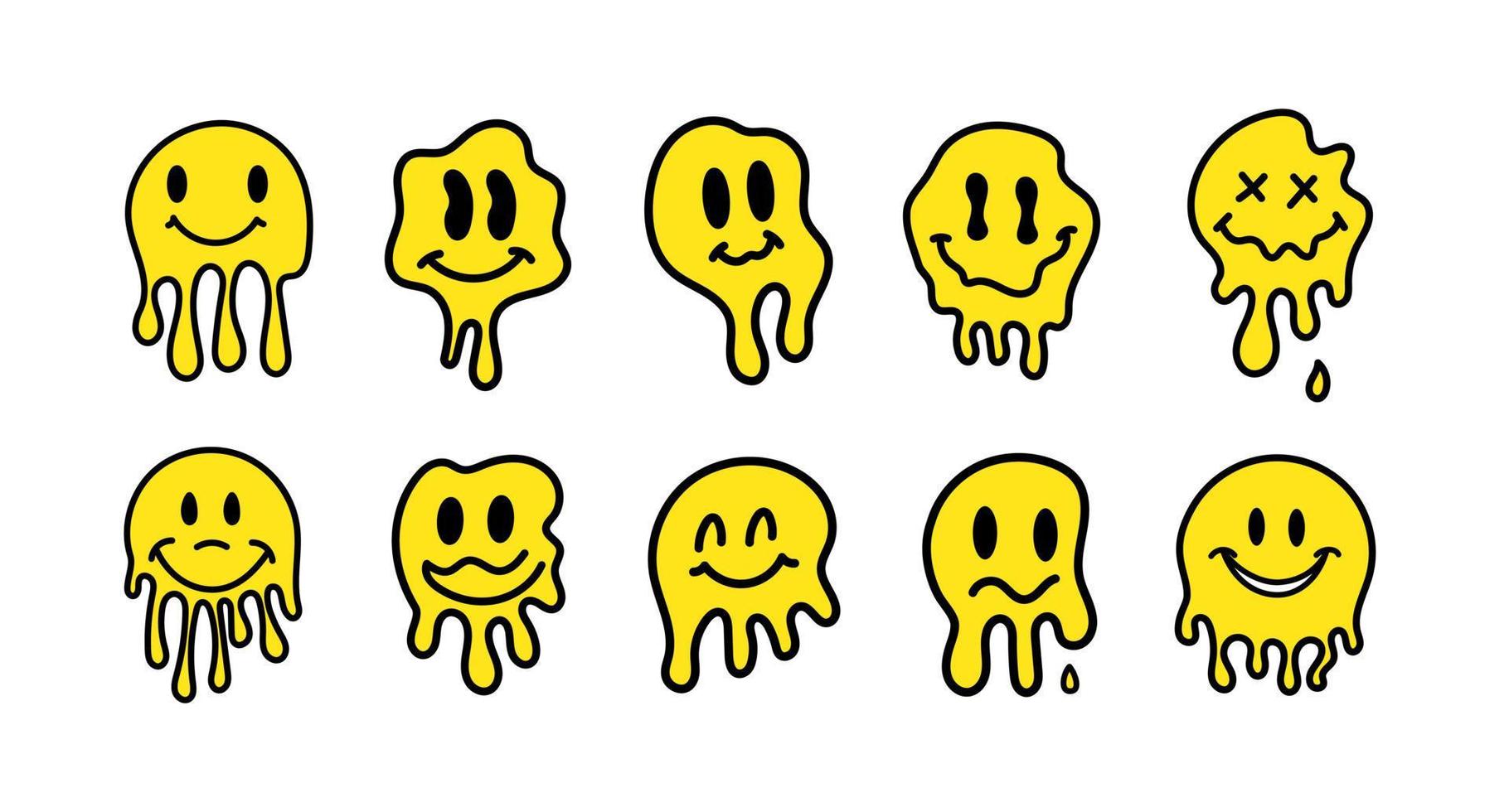 Hand drawn melting smiley faces set doodle drawings funny melted smile faces happy smiling character cartoon illustration vector