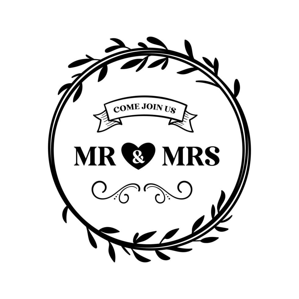 Hand lettering mr and mrs wedding bride groom couple love heart typography words calligraphy greeting card invitation background vector