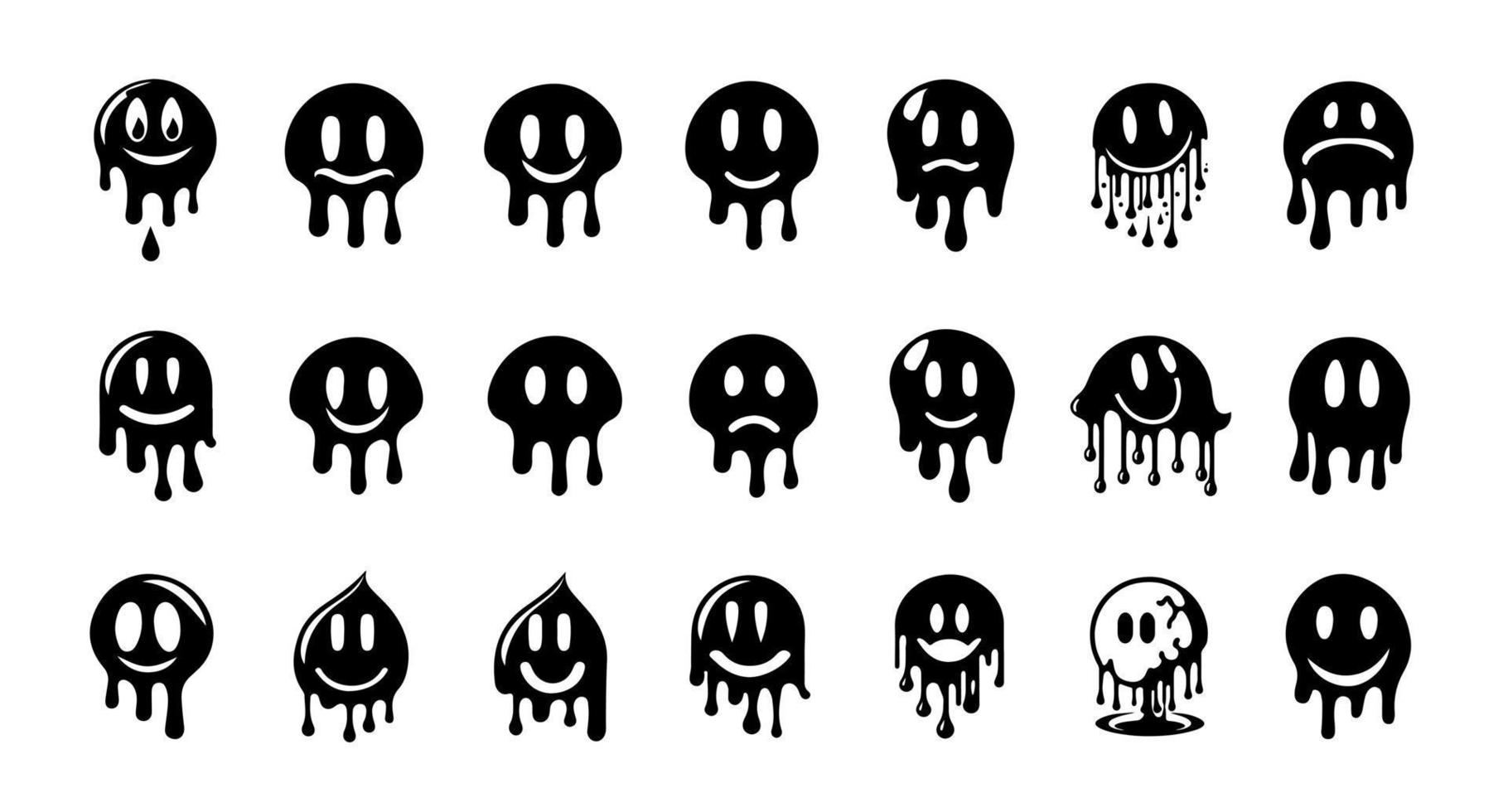 Hand drawn melting smiley faces silhouette set doodle drawings funny melted smile faces happy smiling character cartoon illustration vector