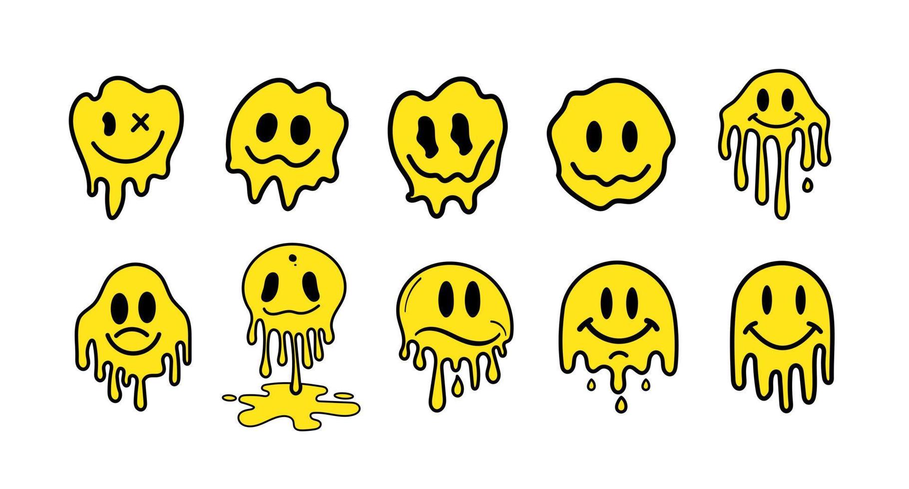 Hand drawn melting smiley faces set doodle drawings funny melted smile faces happy smiling character cartoon illustration vector