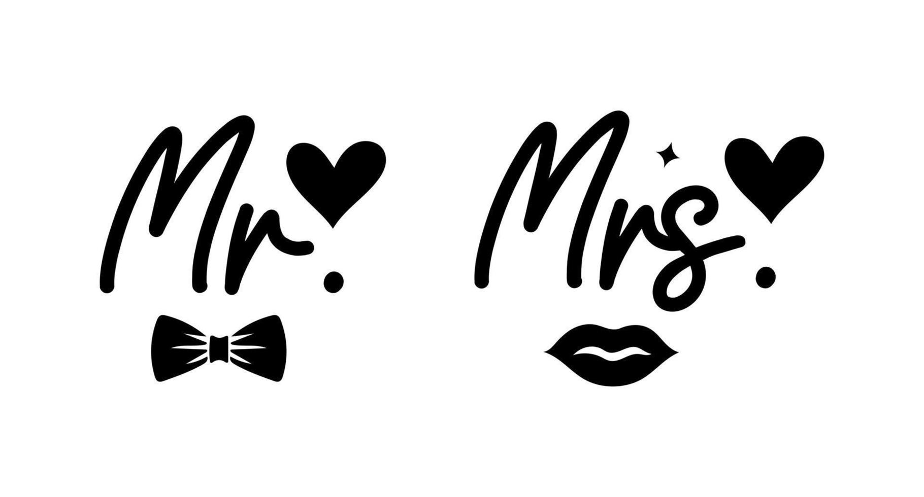 Hand lettering mr and mrs wedding bride groom couple love heart typography words calligraphy greeting card invitation background vector