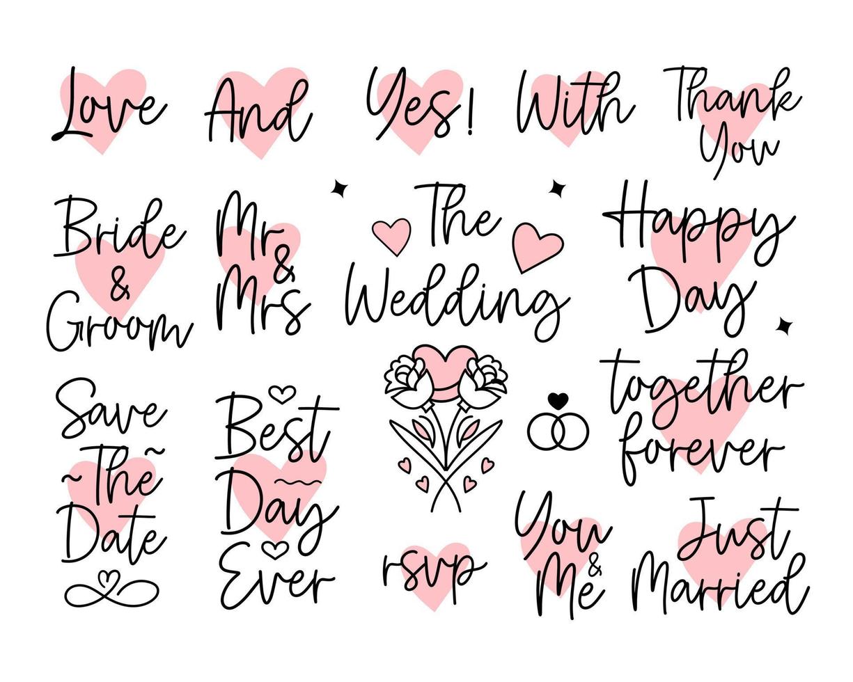 Hand lettering mr and mrs wedding set bride groom couple love heart typography words calligraphy greeting card invitation background vector