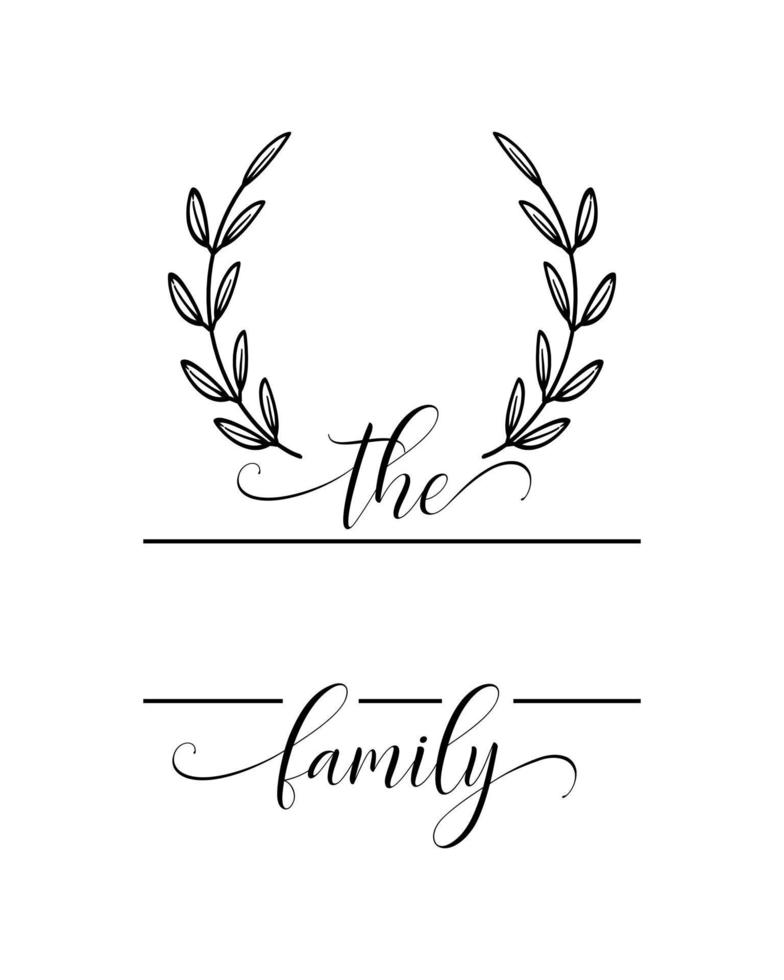 Hand lettering Family name monogram split monogram the family welcome home sign wedding floral ornament wreath border frame greeting card invitation vector