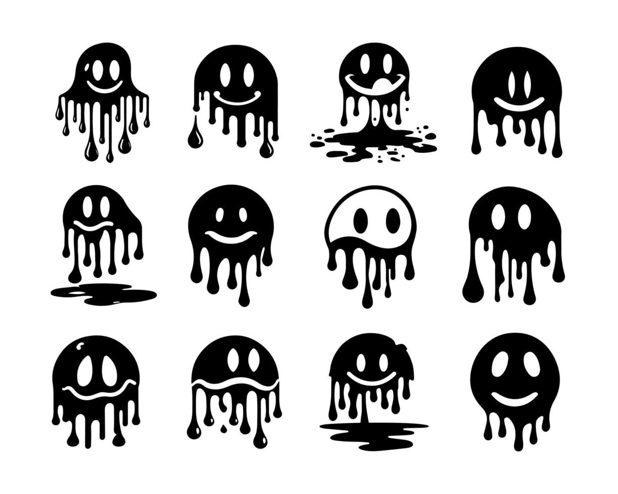 Hand drawn melting smiley faces silhouette set doodle drawings funny melted smile faces happy smiling character cartoon illustration vector