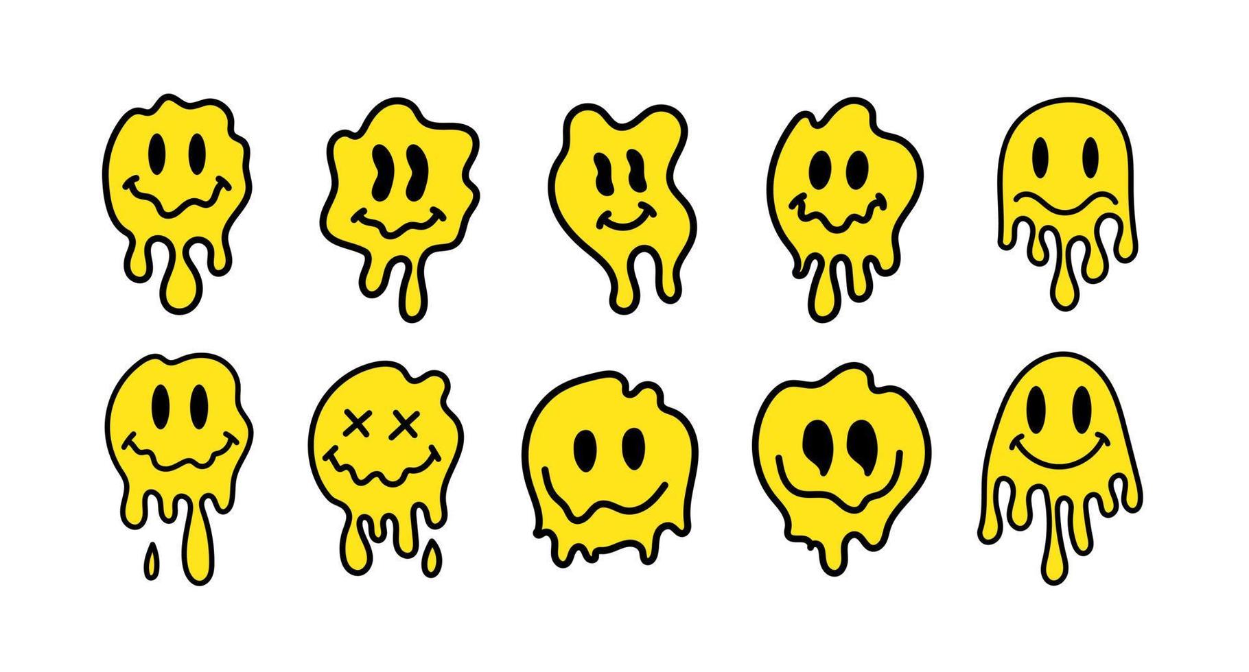 Hand drawn melting smiley faces set doodle drawings funny melted smile faces happy smiling character cartoon illustration vector