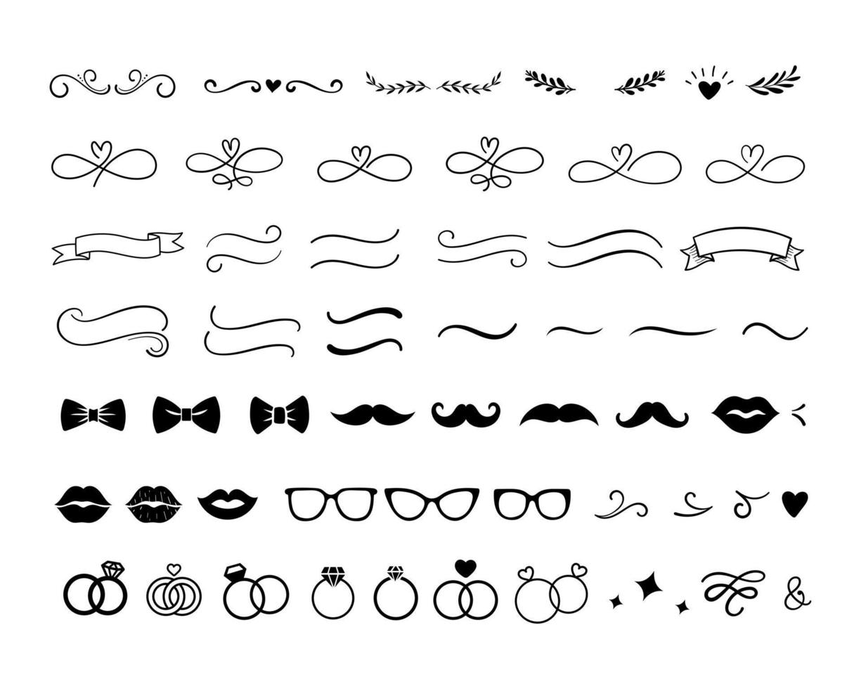 Hand drawn wedding elements set wedding ornaments icons bride ring love heart vector illustration
