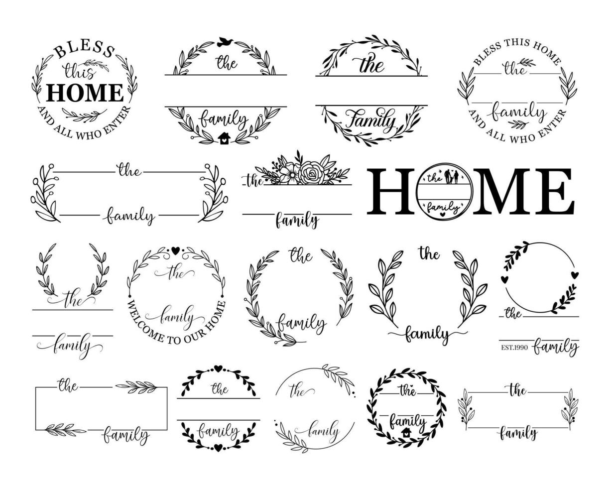 Hand lettering Family name monogram split monogram the family welcome home sign wedding floral ornament wreath border frame greeting card invitation vector