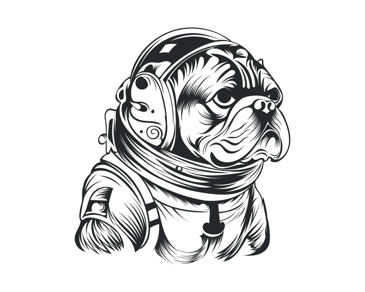 negro y blanco astronauta buldog vector ilustración, astronauta perro silueta