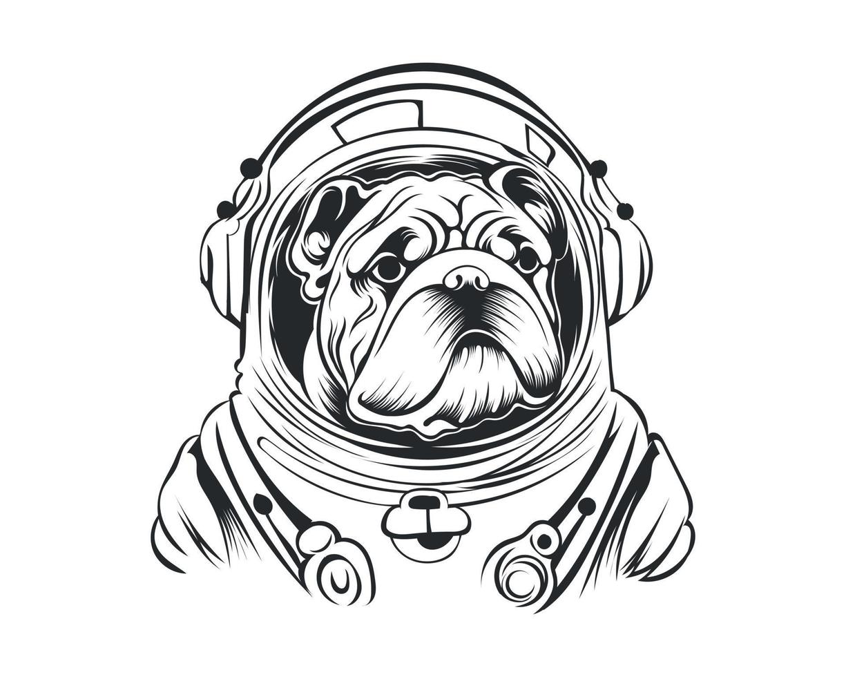 negro y blanco astronauta buldog vector ilustración, astronauta perro silueta