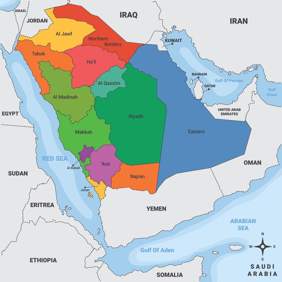 saudi arabia país mapa con rodeando fronteras vector