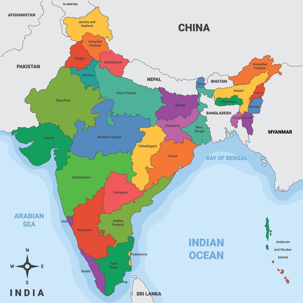 India país mapa con rodeando fronteras vector