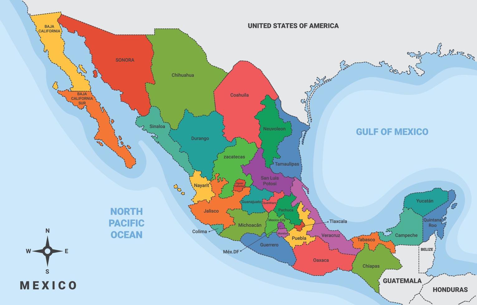 Mexico Country Map with Surrounding Borders vector