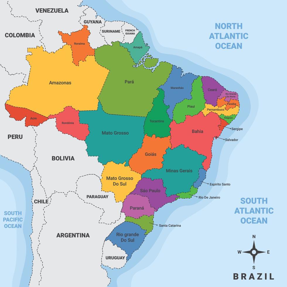 Brasil país mapa con rodeando fronteras vector