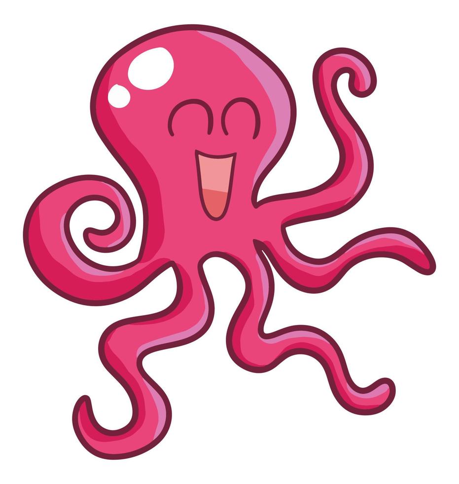 Funny and cute red pink octopus smiling happily - vector. vector