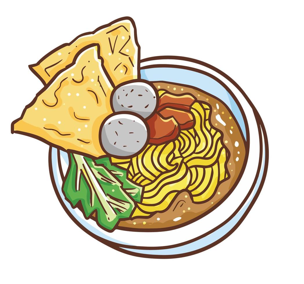 Funny and yummy asian noodles with meatballs  and crackers on it - vector. vector