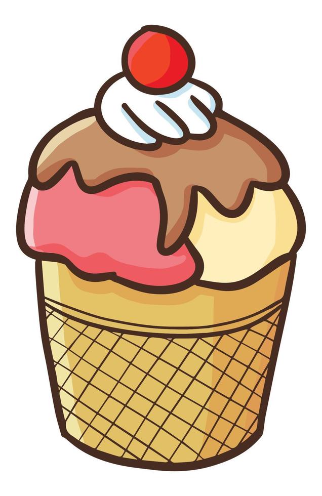 Funny and yummy chocolate, strawberry, and vanilla ice cream with cone. vector