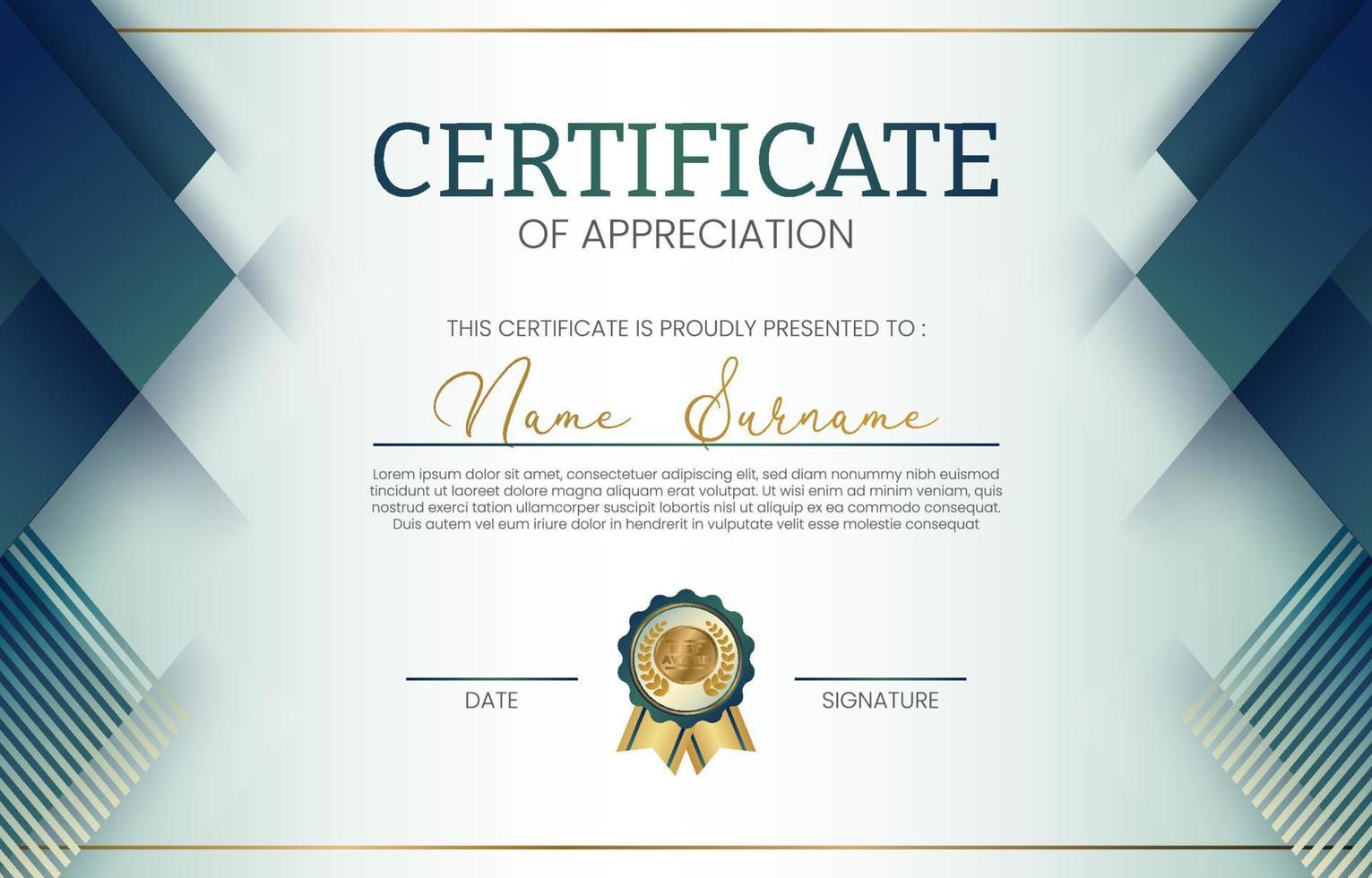 Blue and Gold Professional Certificate Template vector