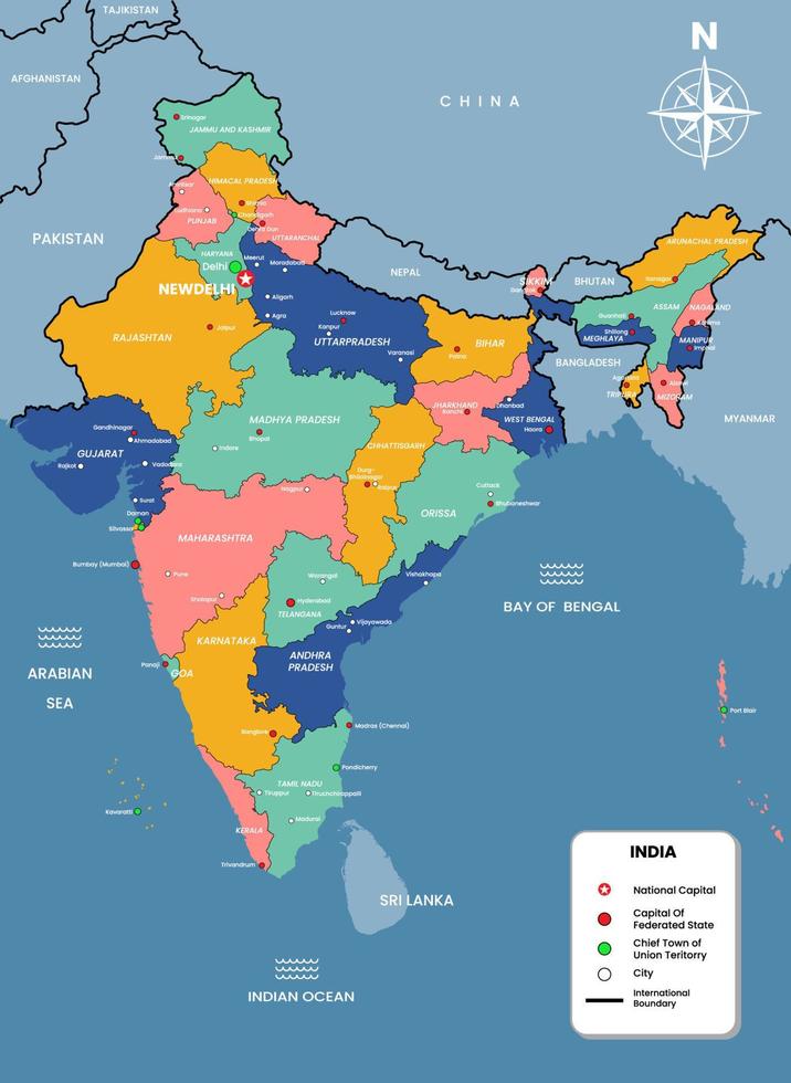 India mapa con capital de federado estado y ciudad nombres vector