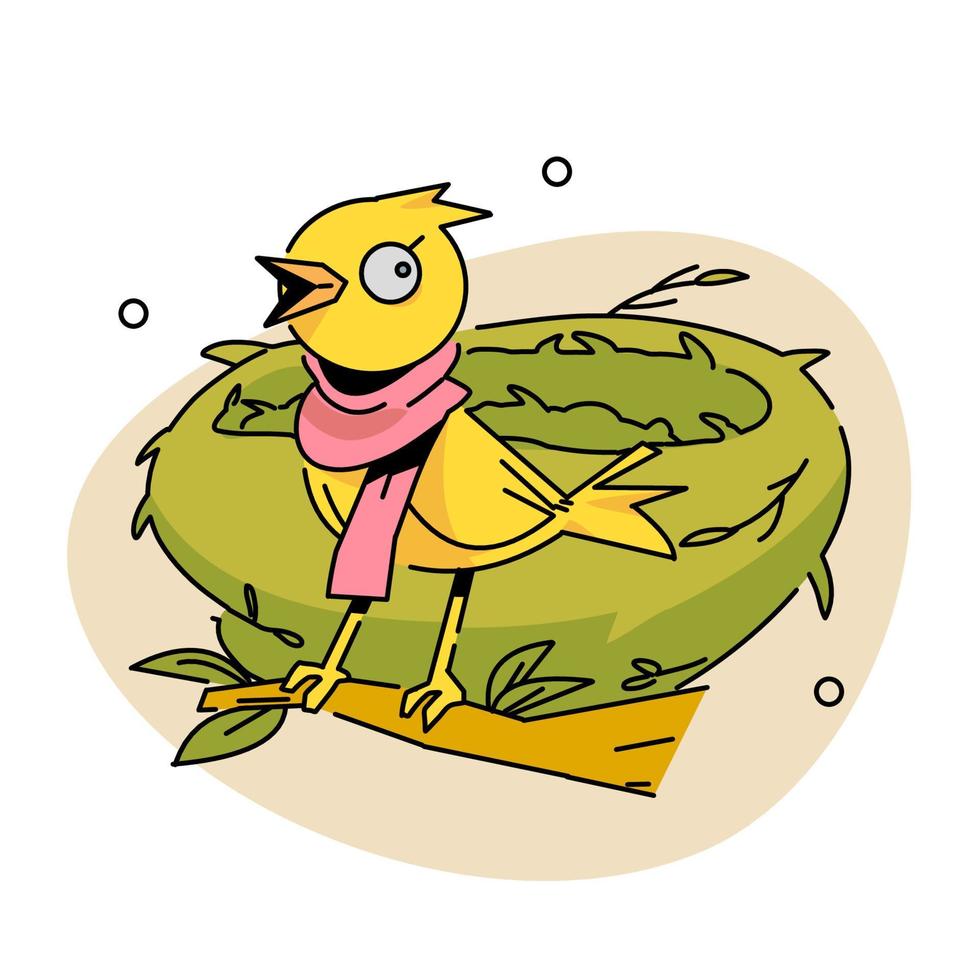 a yellow bird, which wears a scarf and perches in front of the nest. vector