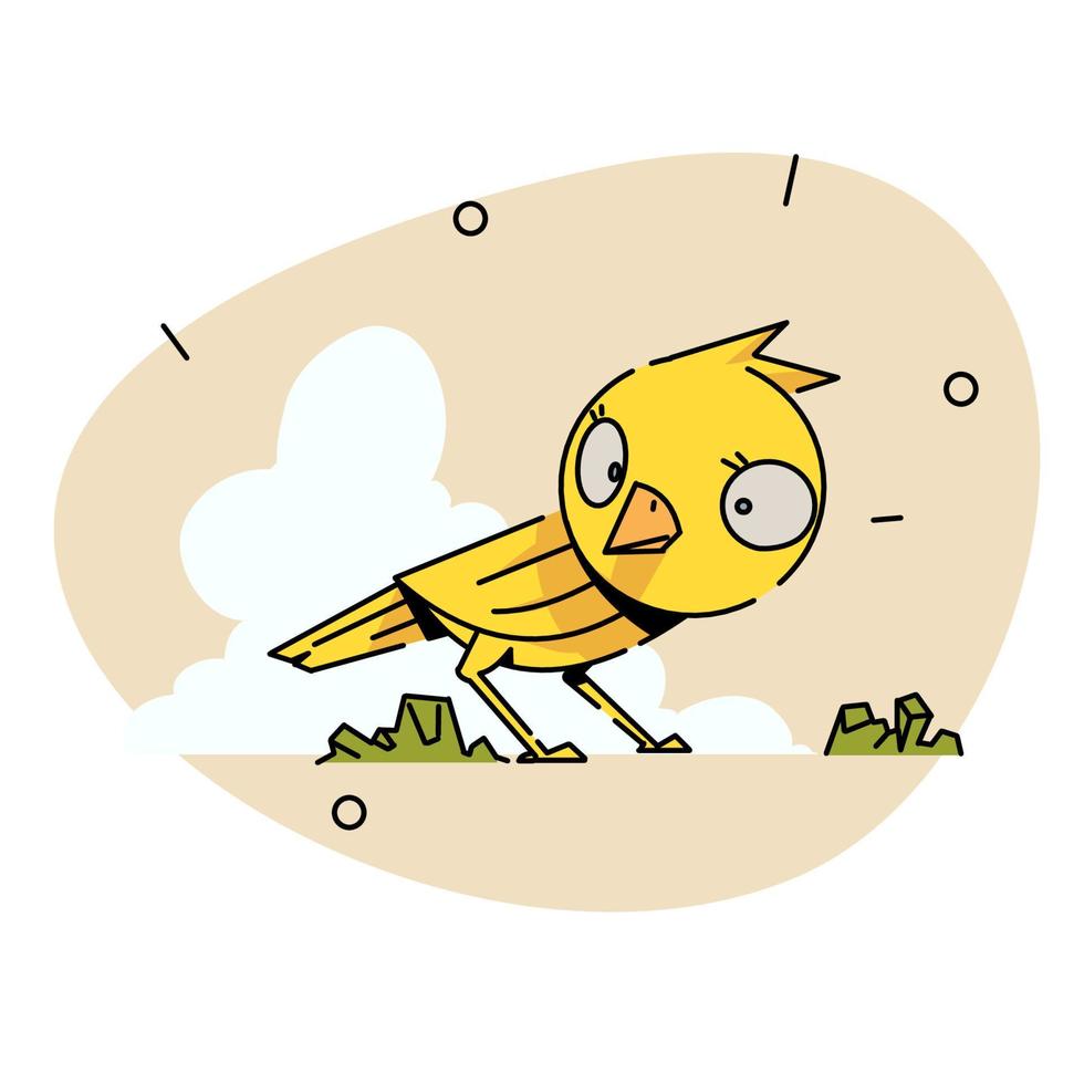yellow bird that is looking for food on the ground. flat vector illustration.