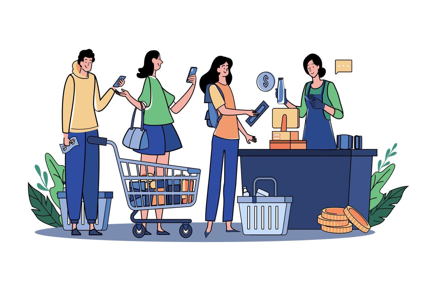 Crowd Of People Using Gadgets Waiting In Line At Checkout In A Supermarket vector