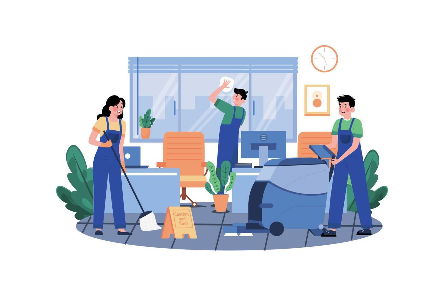 concepto de ilustración de oficina de limpieza de trabajadores sobre fondo blanco vector