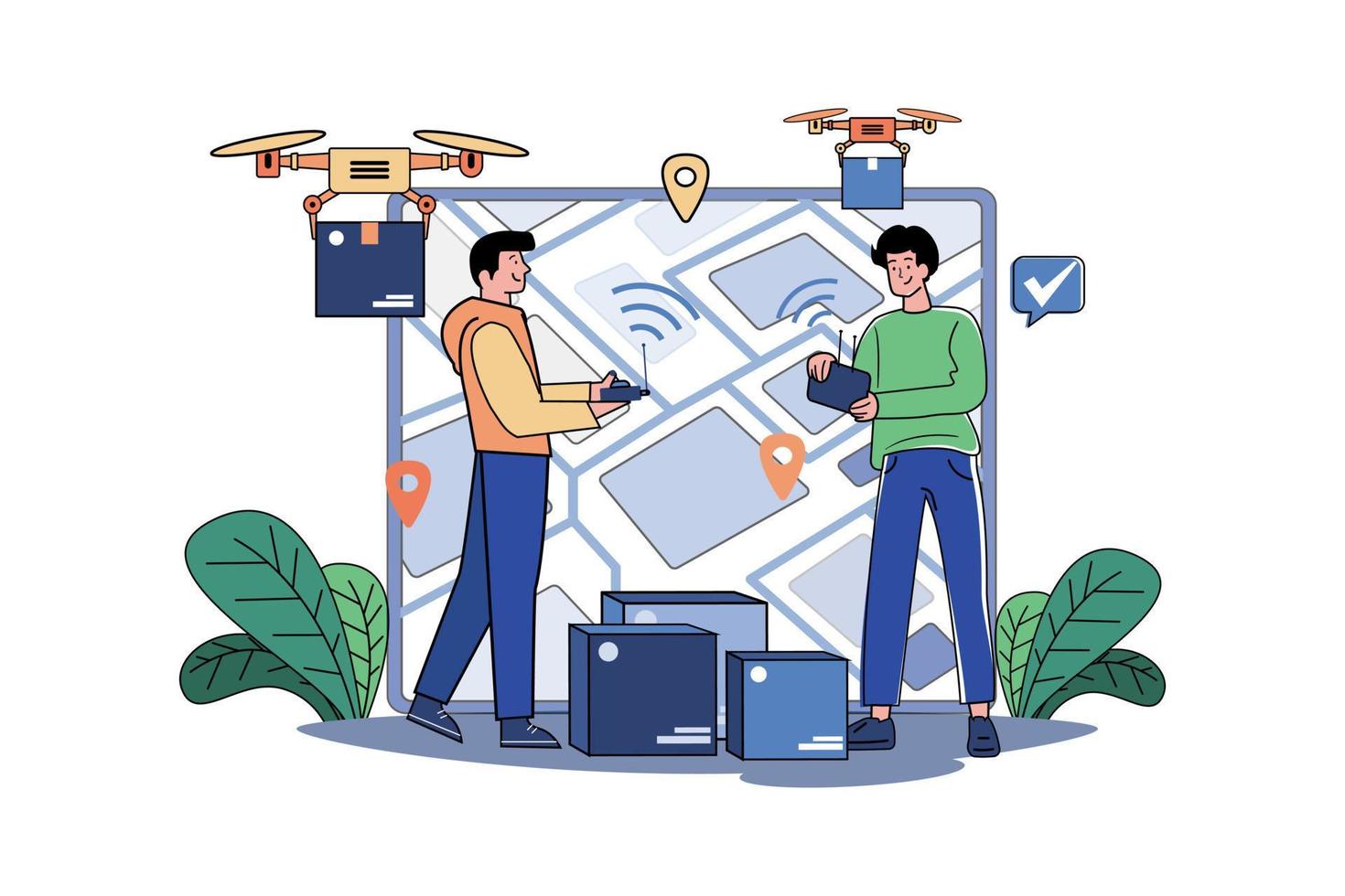 Guy With Tablet Caused Boxed Cargo Delivery Via Electric Wireless Drone vector