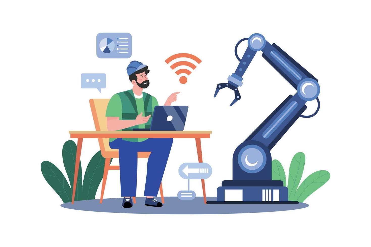 Man Controlling Factory Robot With Laptop vector
