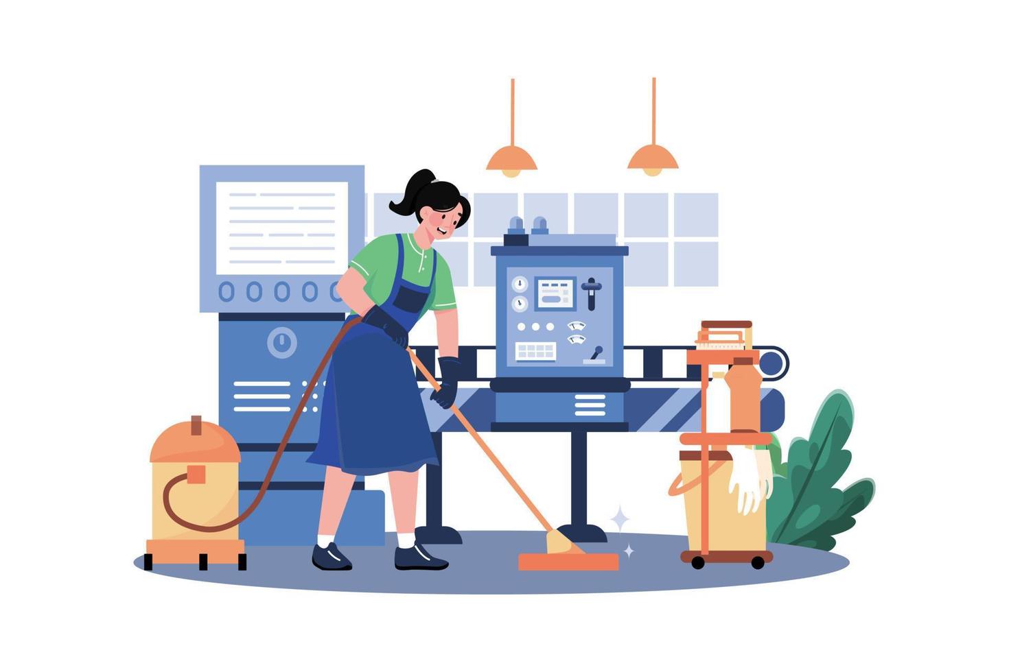 Female Worker Cleaning Floor Using A Vacuum Cleaner vector