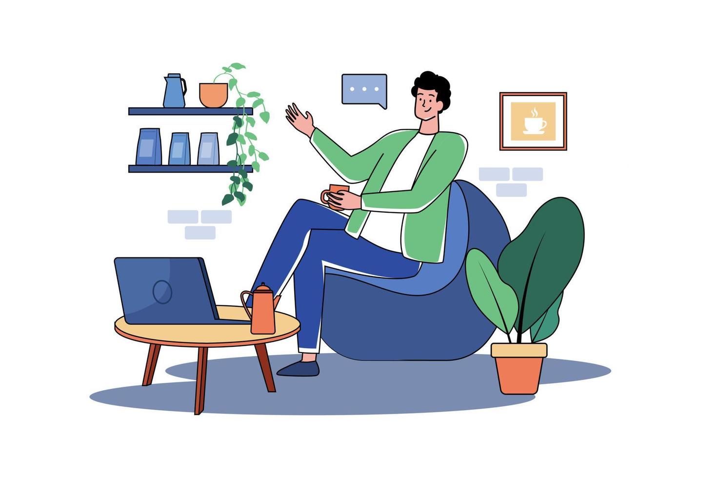 The Guy Sits At A Laptop In A Cafe vector