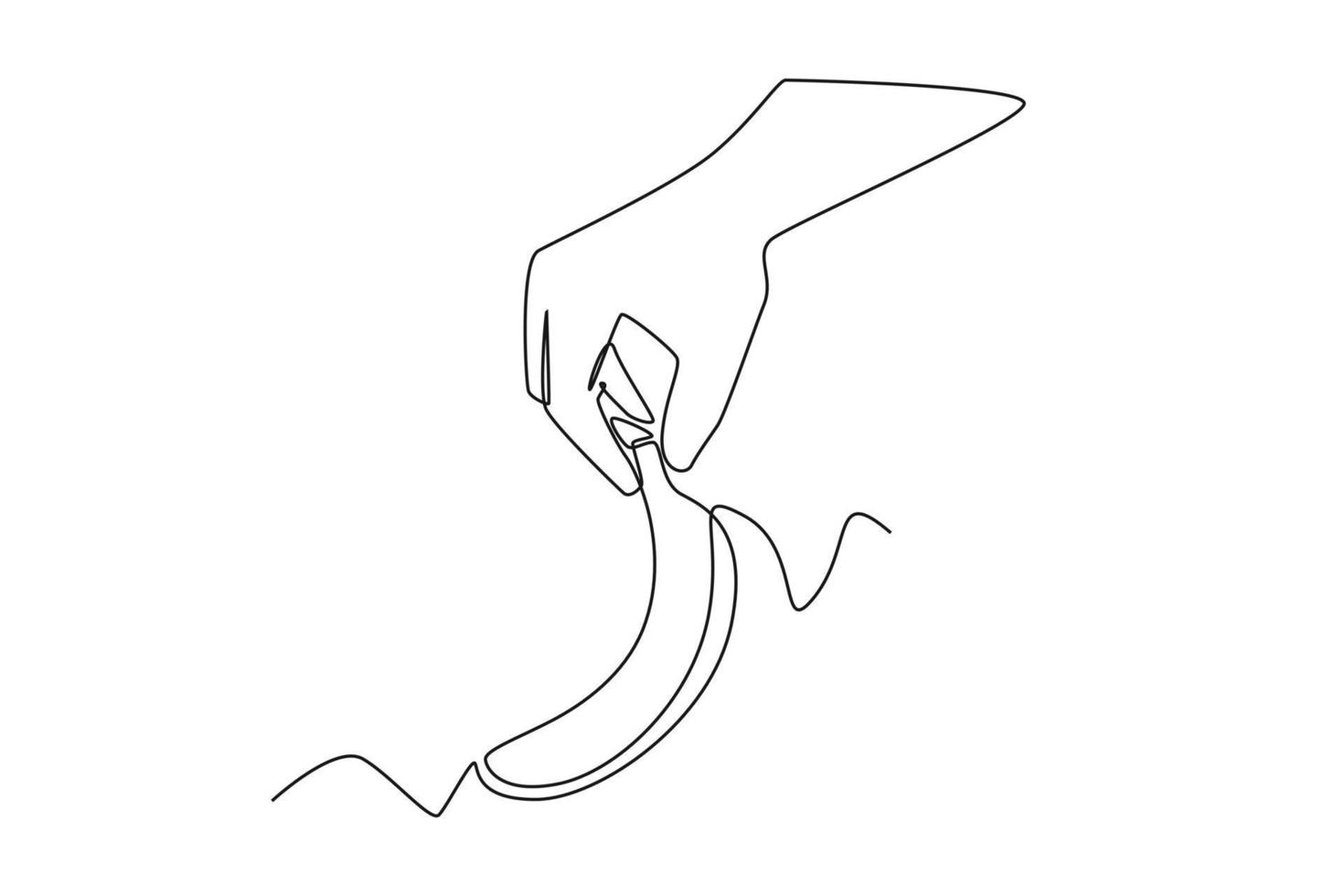 Continuous one line drawing man holding banana peel in hand. Healthcare at home concept. Single line draw design vector graphic illustration.