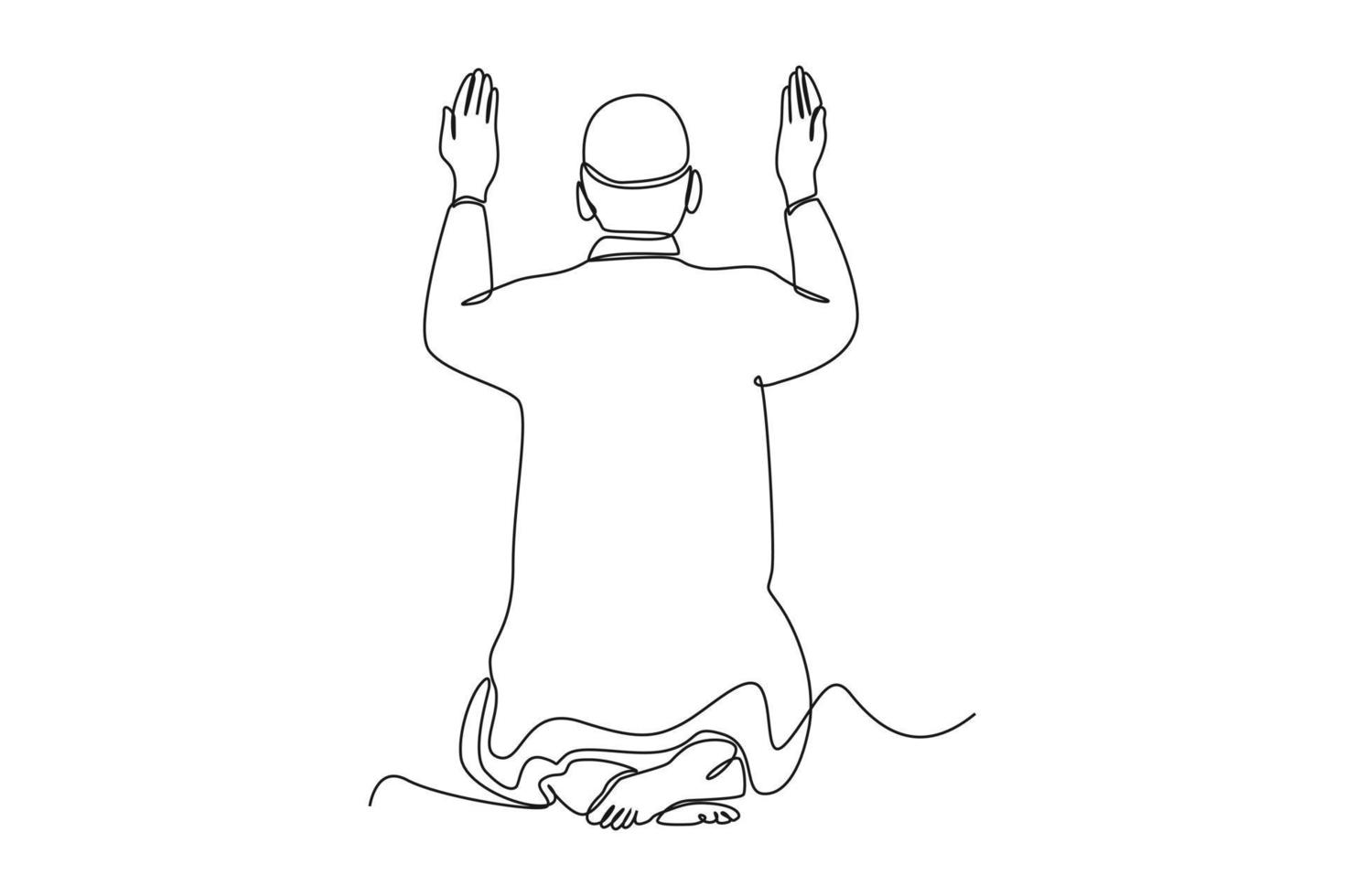 continuo uno línea dibujo musulmán hombre levantamiento manos para oración. eid al-fitr concepto. soltero línea dibujar diseño vector gráfico ilustración.