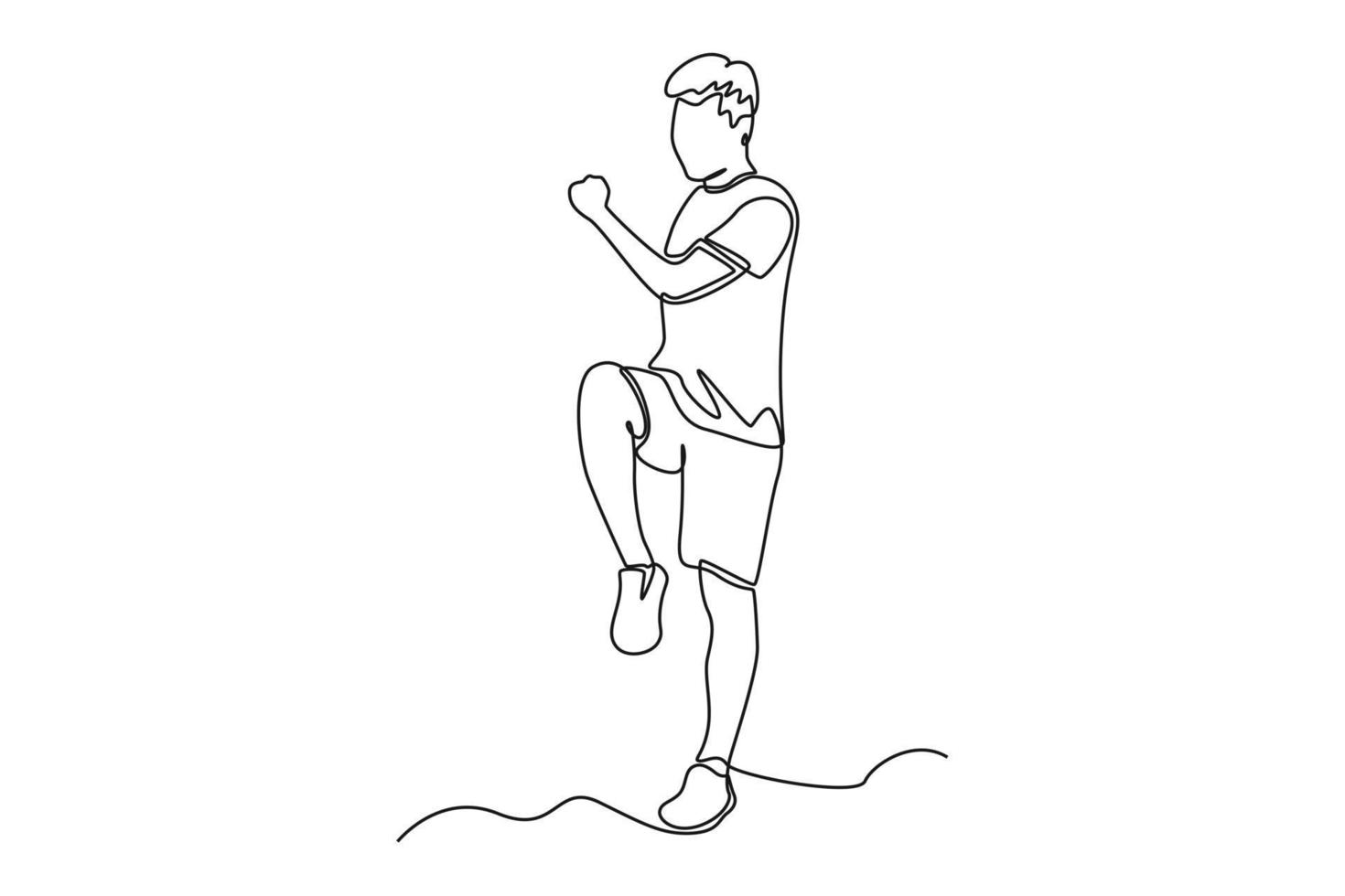 Continuous one line drawing happy boy doing exercise at home. Healthcare at home concept. Single line draw design vector graphic illustration.