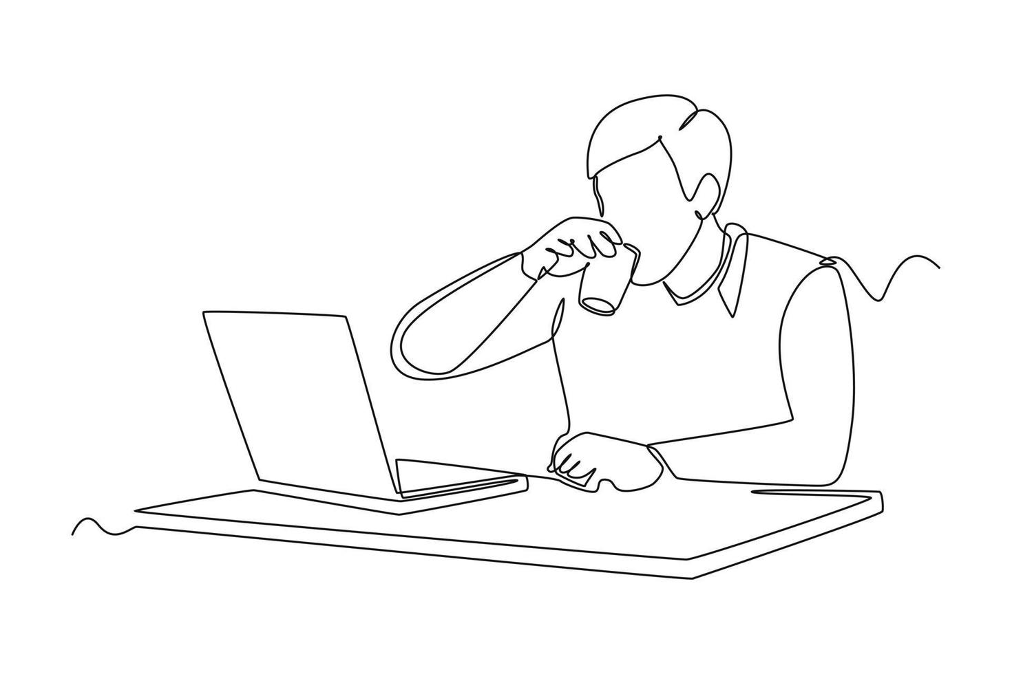 Single one line drawing happy man drinking water when working in front of laptop. Healthcare at office concept. Continuous line draw design graphic vector illustration.