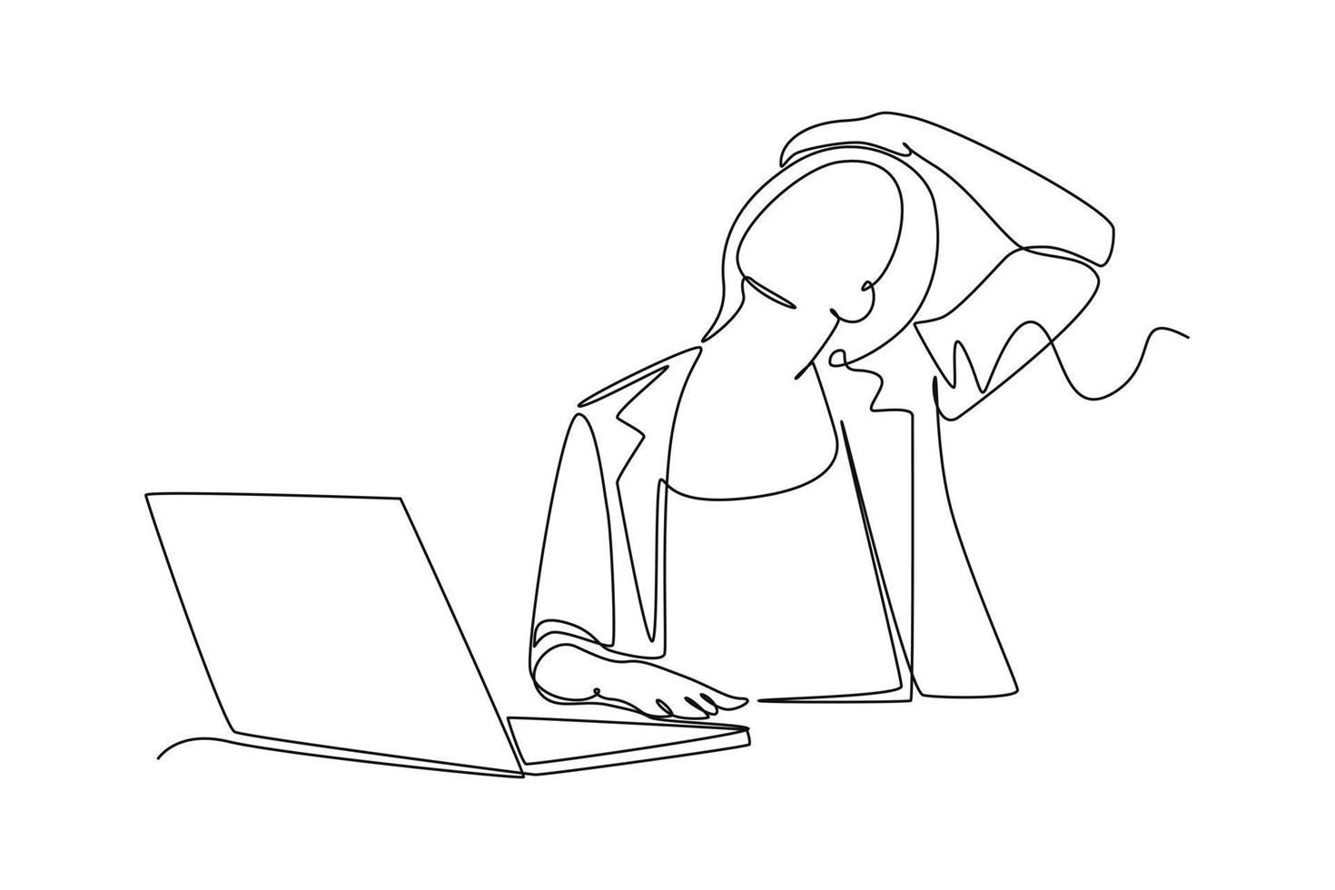 Single one line drawing Pretty woman doing exercises neck stretch on the office chair. Healthcare at office concept. Continuous line draw design graphic vector illustration.