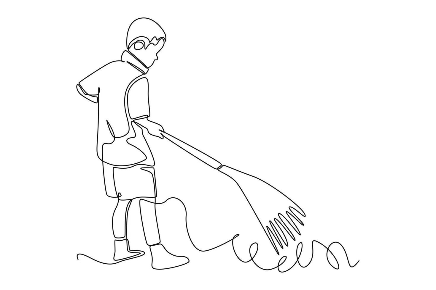 Single one line drawing boy student sweeping the floor in the classroom. Healthcare at school concept. Continuous line draw design graphic vector illustration.