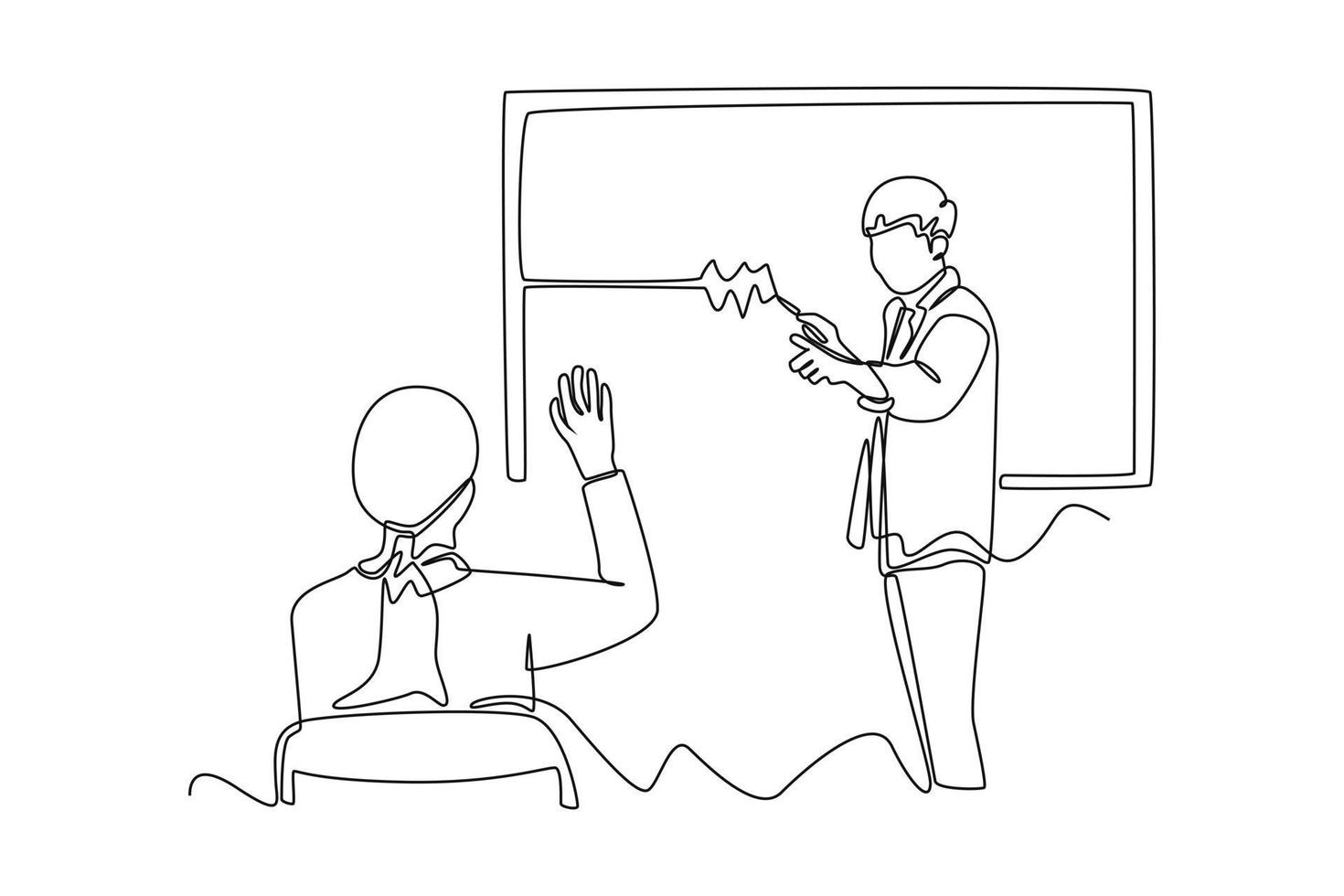 Continuous one line drawing students ask the teacher in class. Class in action concept. Single line draw design vector graphic illustration.