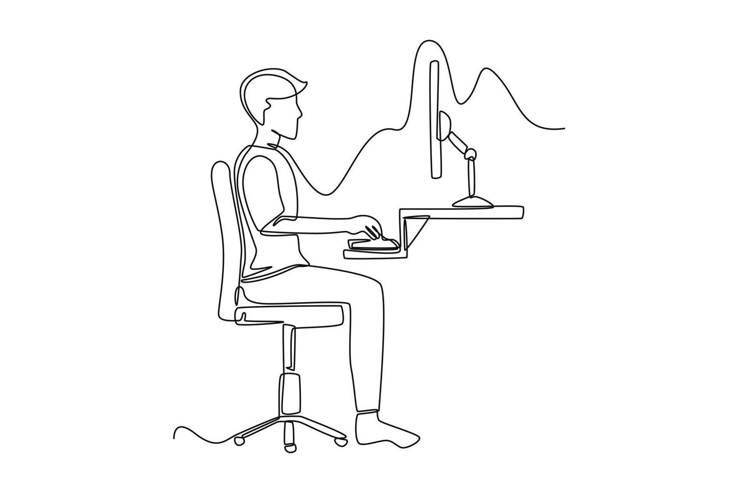 Single one line drawing correct male sitting position while working. Healthcare at office concept. Continuous line draw design graphic vector illustration.