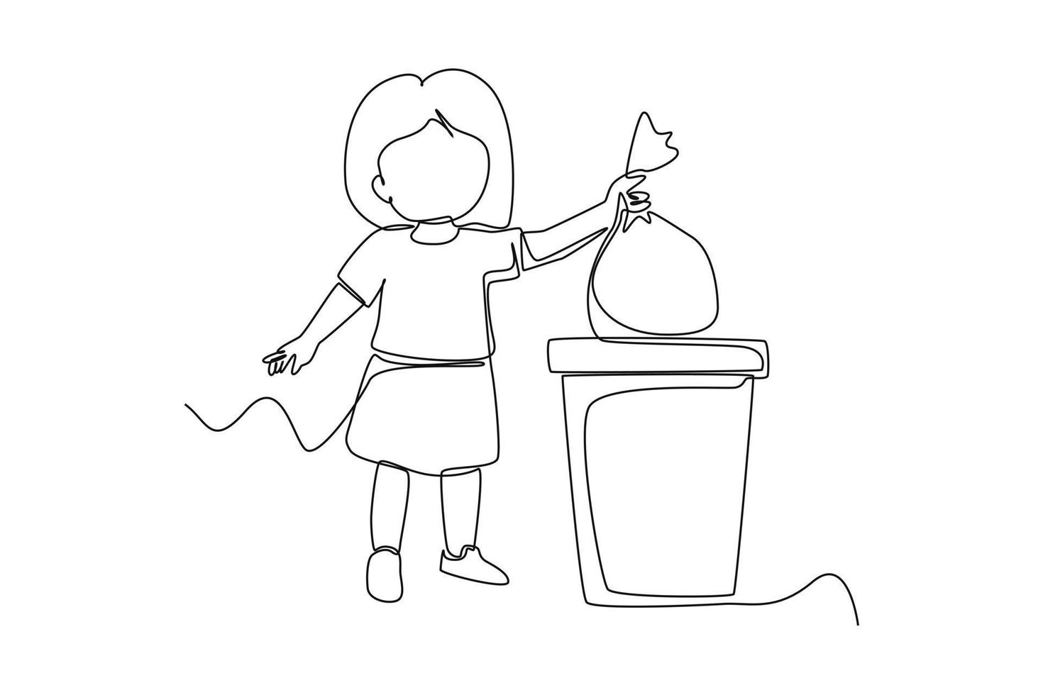Single one line drawing little kid throw trash to trash bin. Healthcare at school concept. Continuous line draw design graphic vector illustration.