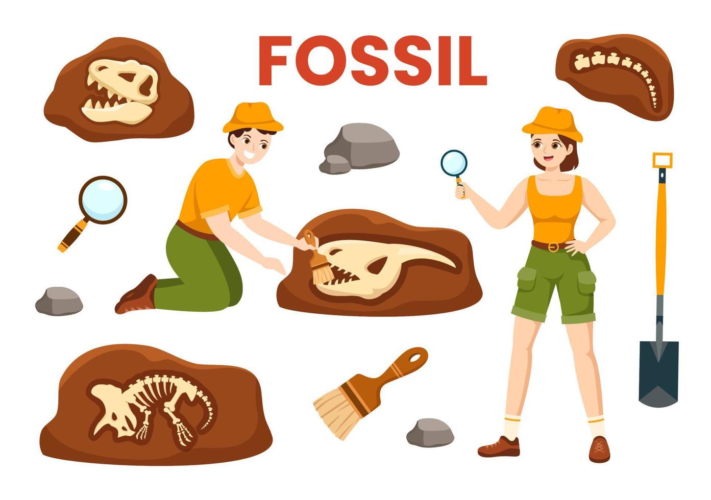 fósil ilustración con arqueólogos encuentra dinosaurios esqueletos en excavaciones o excavación suelo capas en plano dibujos animados mano dibujado plantillas vector