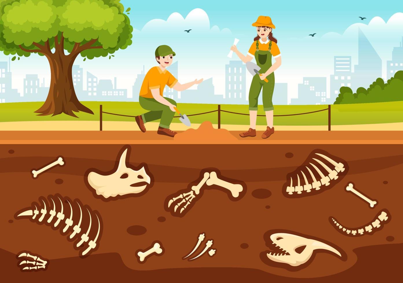Fossil Illustration with Archaeologists Finds Dinosaurs Skeletons on Excavations or Digging Soil Layers in Flat Cartoon Hand Drawn Templates vector