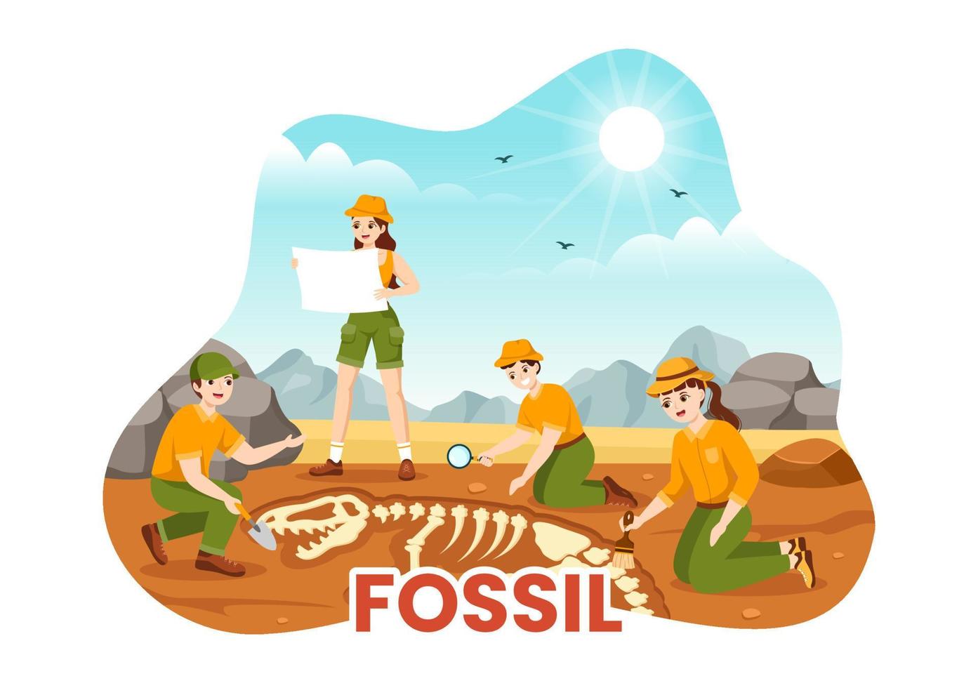 Fossil Illustration with Archaeologists Finds Dinosaurs Skeletons on Excavations or Digging Soil Layers in Flat Cartoon Hand Drawn Templates vector