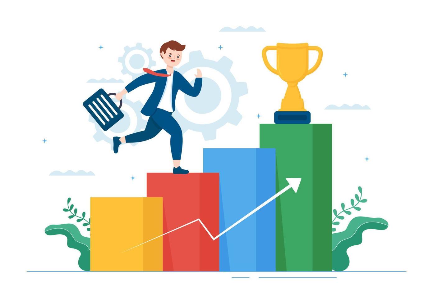 Challenge Illustration with Businessman Running to the Top Graph and Overcoming Obstacle for Landing Page in Flat Cartoon Hand Drawn Templates vector